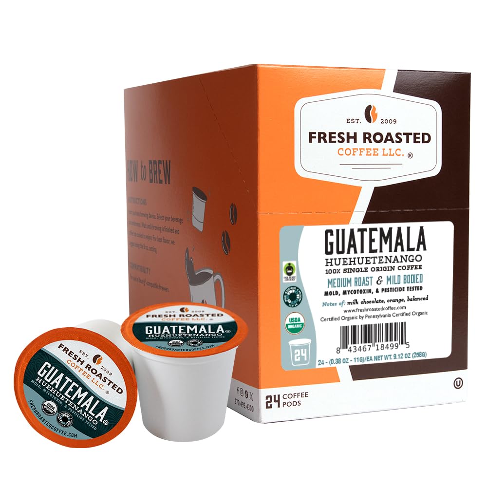 Fresh Roasted Coffee Guatemala pods in packaging highlight sustainable sourcing and convenience.