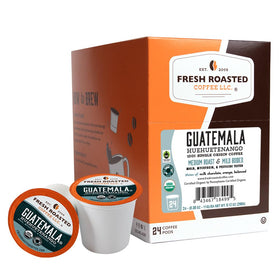 Fresh Roasted Coffee Guatemala pods in packaging highlight sustainable sourcing and convenience.