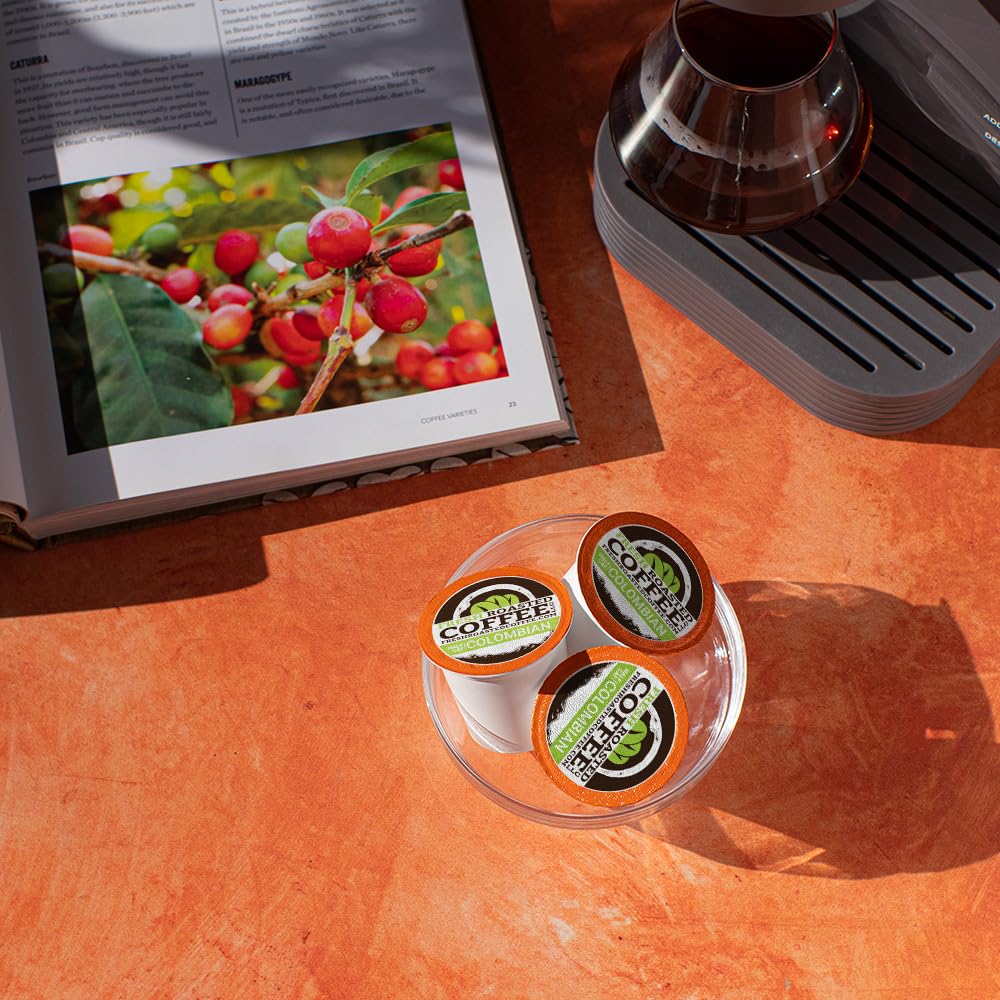 Fresh Roasted Coffee half-caf Colombian cup-steam highlights rich aroma for afternoon sessions