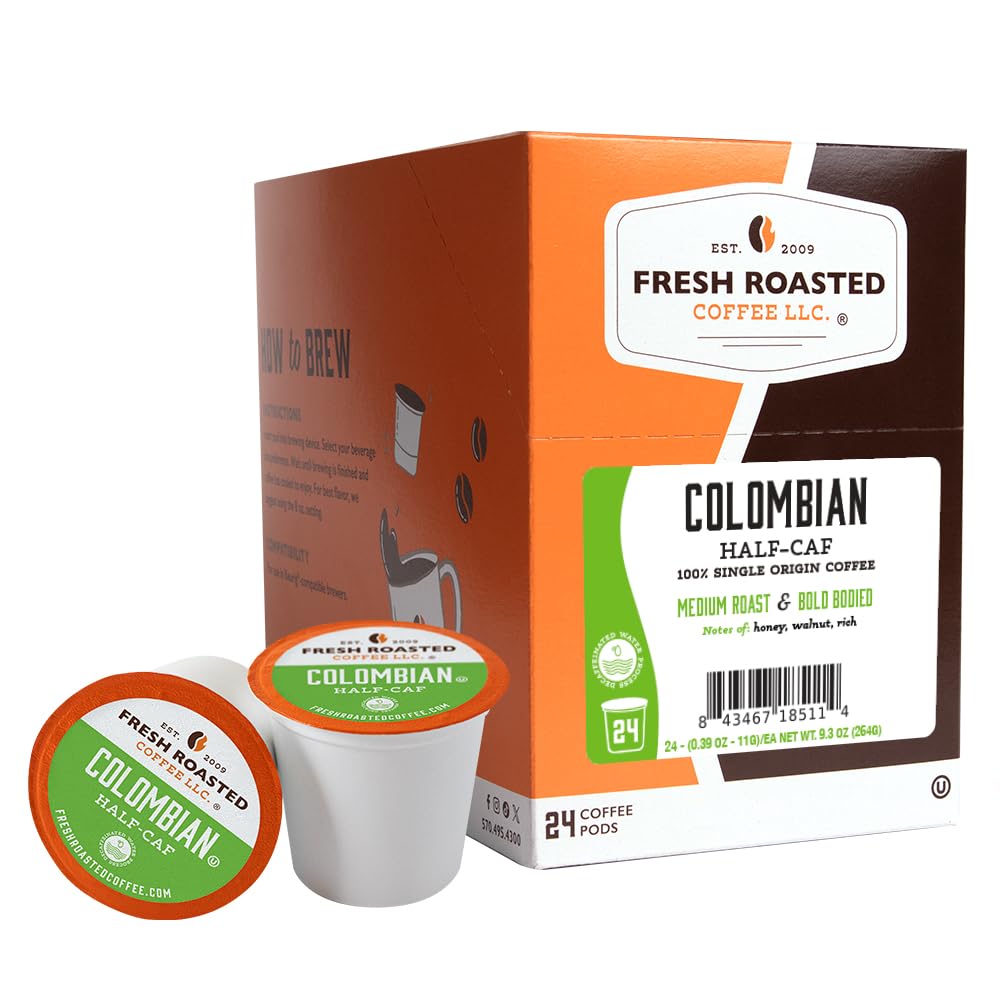 Fresh Roasted Coffee half-caf Colombian packshot shows 24 pods for easy daily brewing