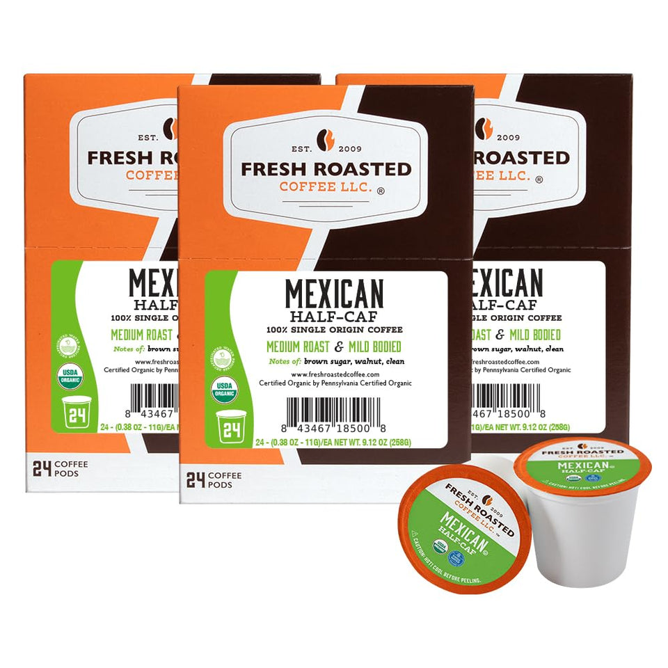 Fresh Roasted Coffee half-caf Mexico bag front showing organic origin and smooth flavor.