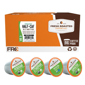 Fresh Roasted Coffee half-caf variety pods in a box, convenient and balanced.