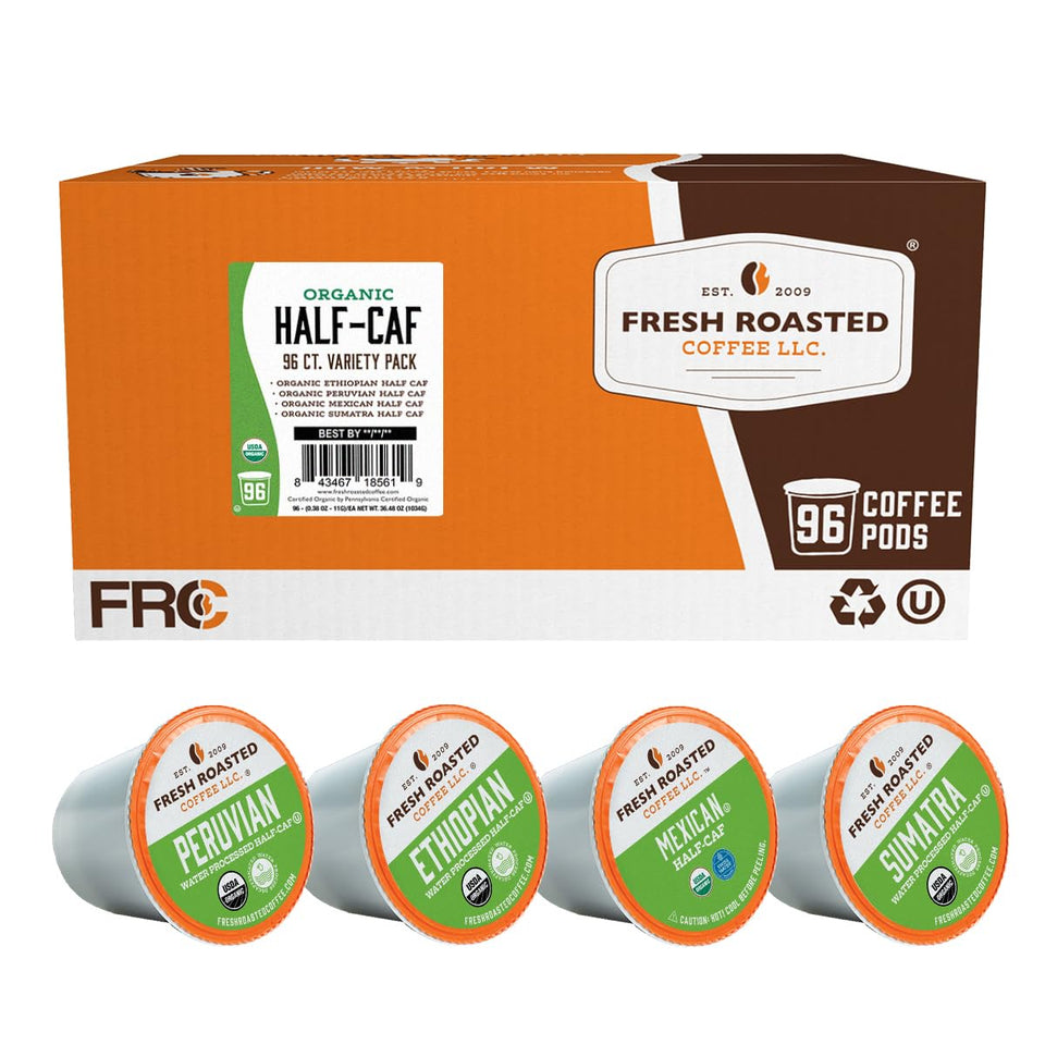 Fresh Roasted Coffee half-caf variety pods in a box, convenient and balanced.