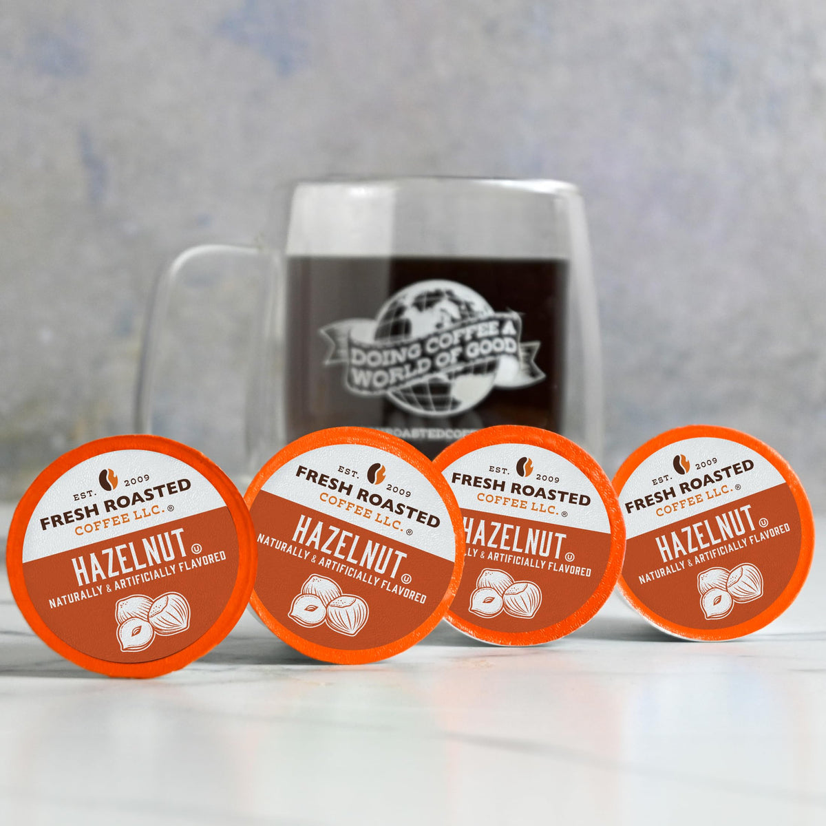 Fresh Roasted Coffee Hazelnut pods box opened reveals inner packs for quick access.
