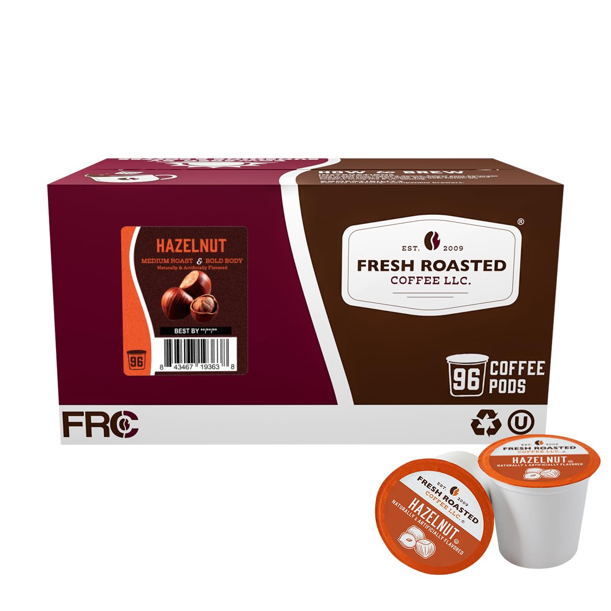 Fresh Roasted Coffee Hazelnut pods in box for convenient single-serve brewing.