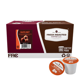 Fresh Roasted Coffee Hazelnut pods in box for convenient single-serve brewing.