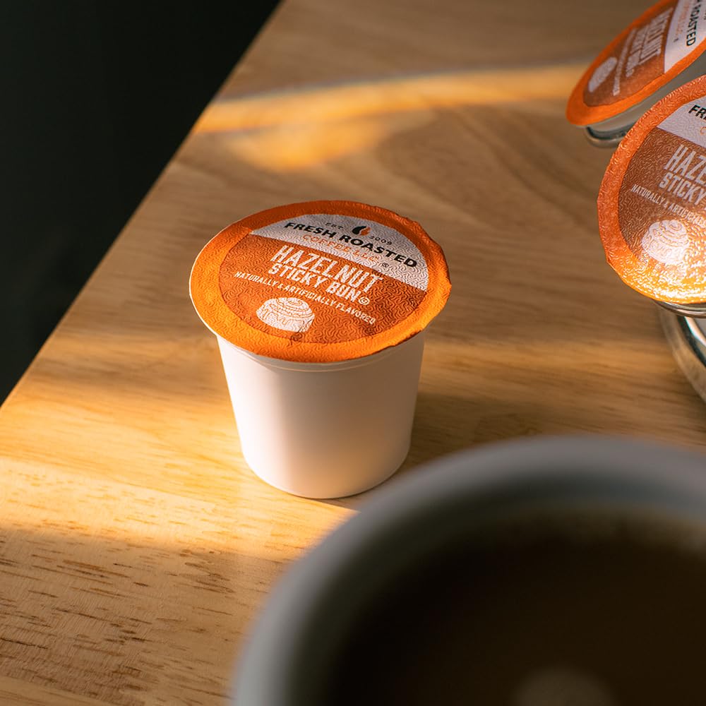 Fresh Roasted Coffee Hazelnut pods packaging highlights natural flavors.