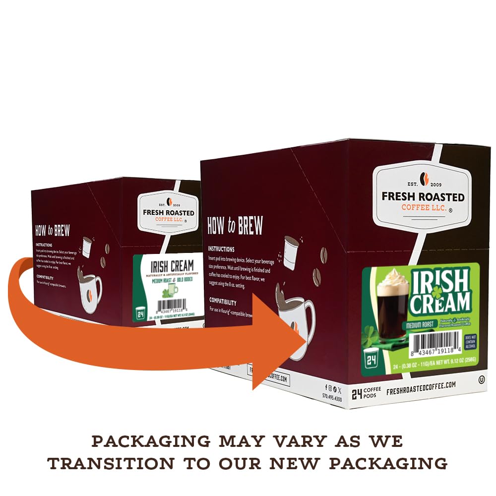 Irish Cream flavored pod ready for Keurig-compatible brewing, quick caffeine.