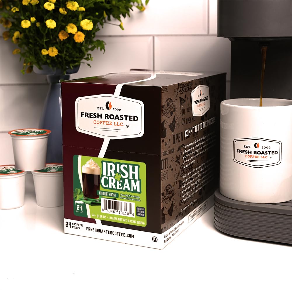 Box of Fresh Roasted Coffee Irish Cream pods on a kitchen counter.