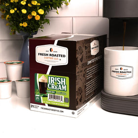 Box of Fresh Roasted Coffee Irish Cream pods on a kitchen counter.