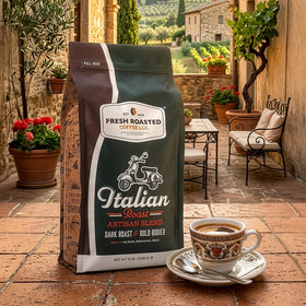 Fresh Roasted Coffee Italian Roast steam rising in aromatic kitchen.