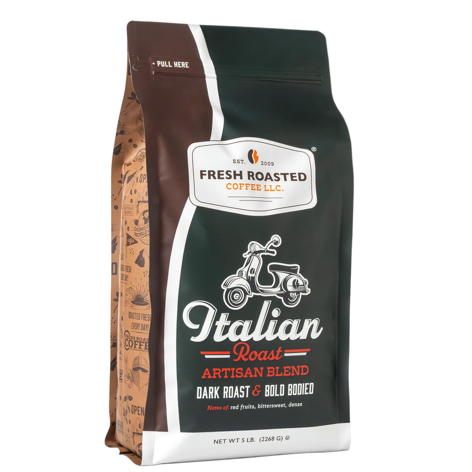Fresh Roasted Coffee Italian Roast bag 5 lb for daily home brewing.