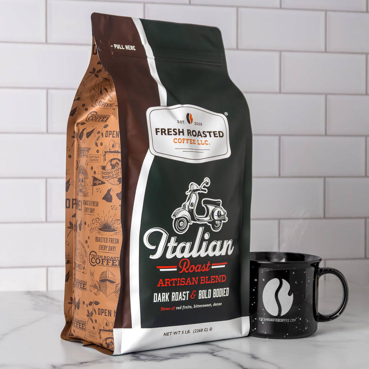 Fresh Roasted Coffee Italian Roast espresso shot in a dark cup
