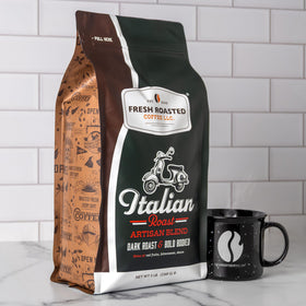 Fresh Roasted Coffee Italian Roast ground coffee close-up for rich brews.