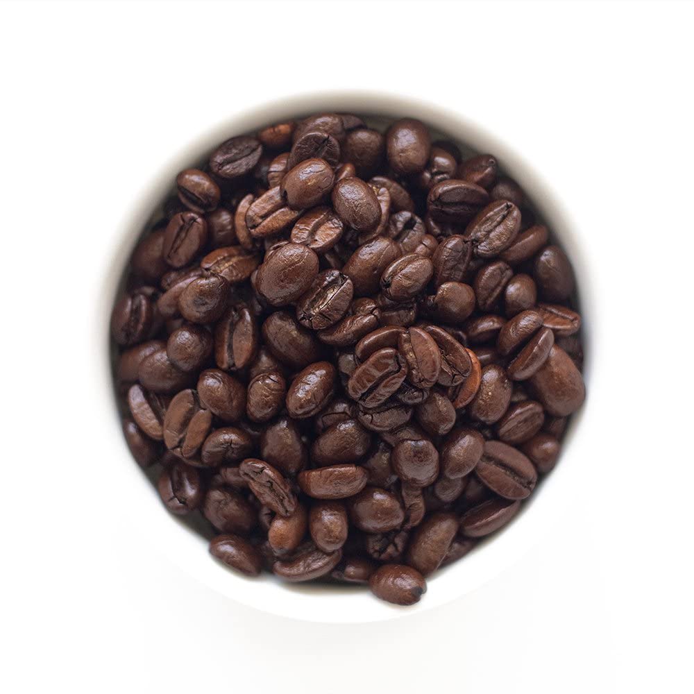 Fresh Roasted Coffee Jamaican Me Crazy beans closeup highlights caramel and vanilla notes.