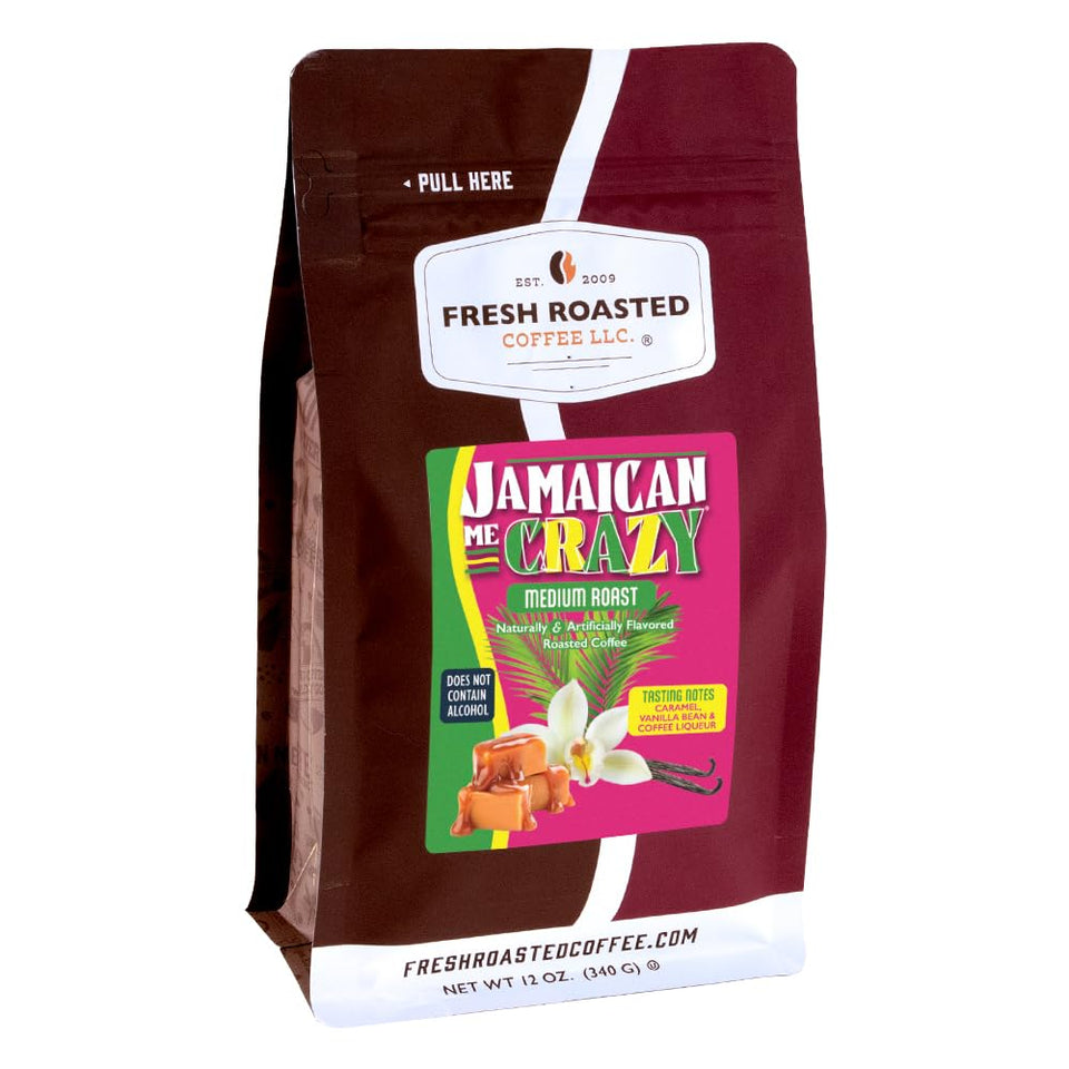 Fresh Roasted Coffee Jamaican Me Crazy ground bag, packaging and ready-to-brew freshness.