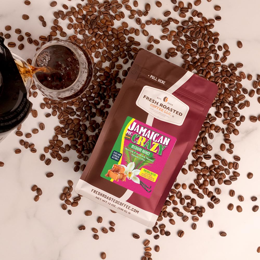 Fresh Roasted Coffee Jamaican Me Crazy aroma-filled kitchen with a ready cup.
