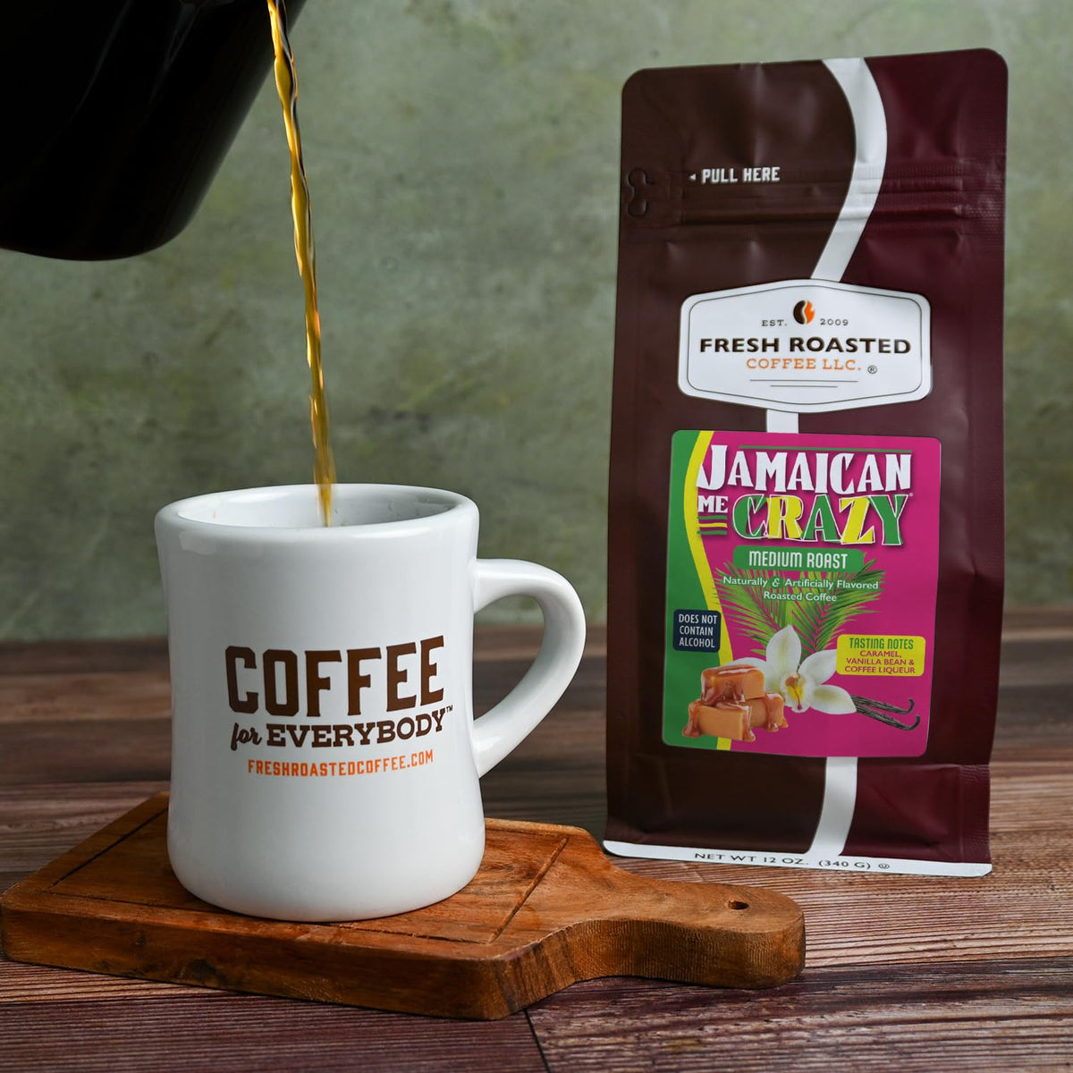 Fresh Roasted Coffee Jamaican Me Crazy nitrogen-flushed bag with one-way valve preserves freshness.