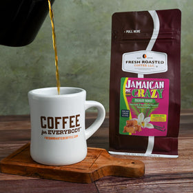 Fresh Roasted Coffee Jamaican Me Crazy nitrogen-flushed bag with one-way valve preserves freshness.