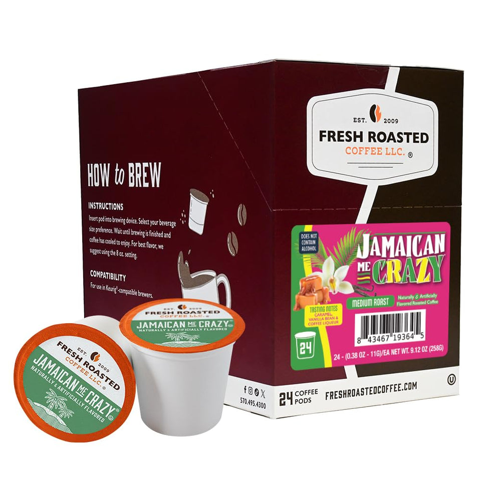Fresh Roasted Coffee Jamaican Me Crazy pods ready for a quick, flavorful morning brew