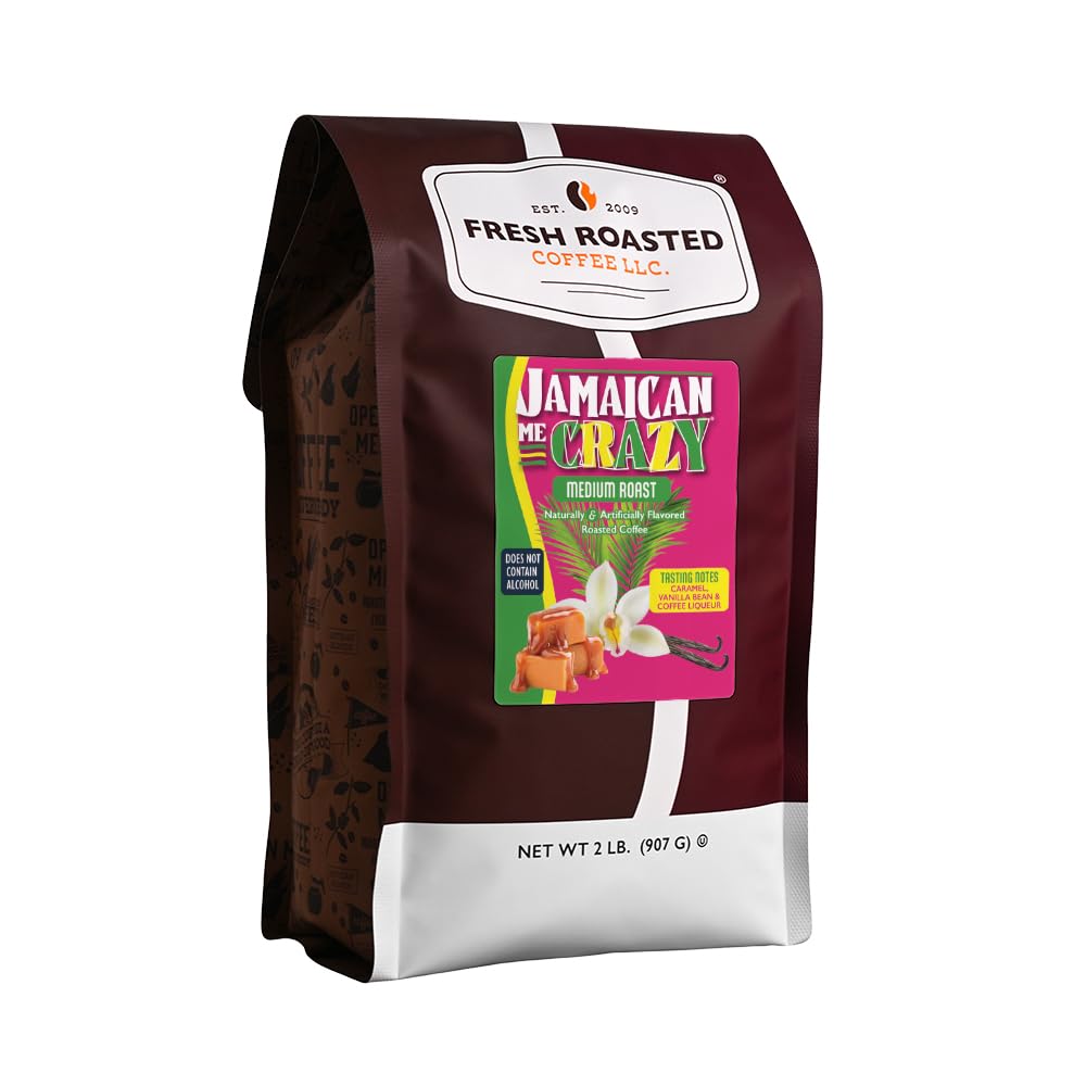 Fresh Roasted Coffee Jamaican Me Crazy whole bean bag delivers premium flavor for home brewing.