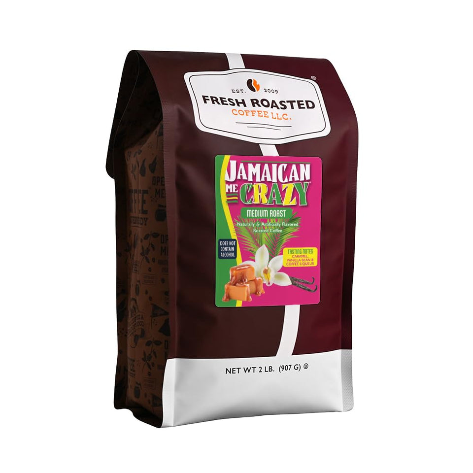 Fresh Roasted Coffee Jamaican Me Crazy whole bean bag delivers premium flavor for home brewing.