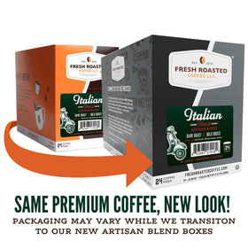 Fresh Roasted Coffee Italian Roast pods designed for K-Cup brewers