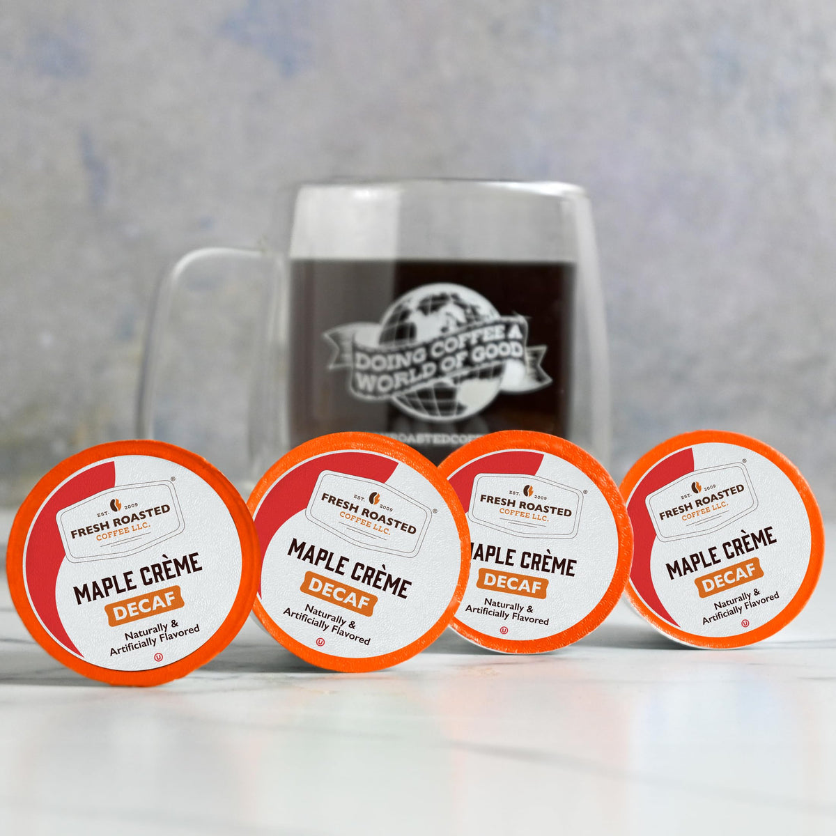 Fresh Roasted Coffee decaf pod in Keurig compatible brewer.