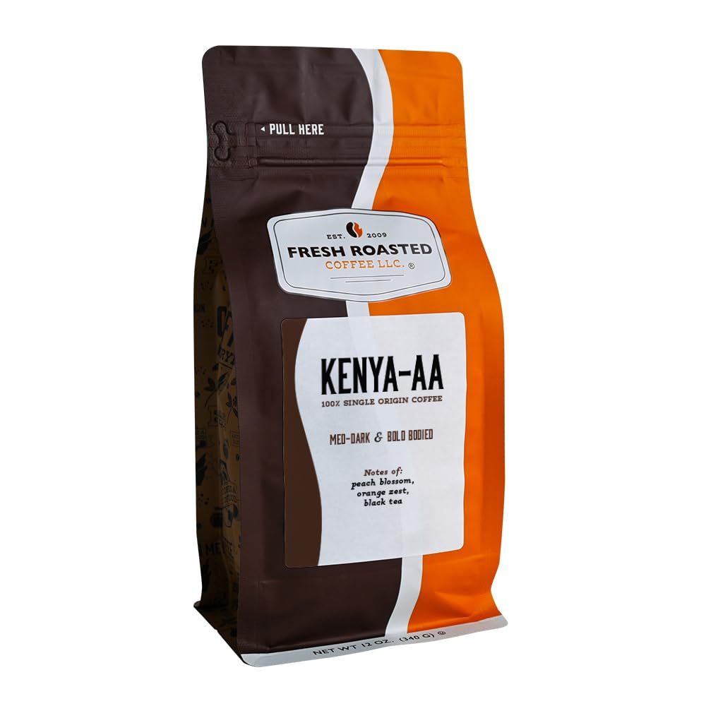 Fresh Roasted Coffee Kenya AA bag label highlighting single-origin quality and aroma preservation.