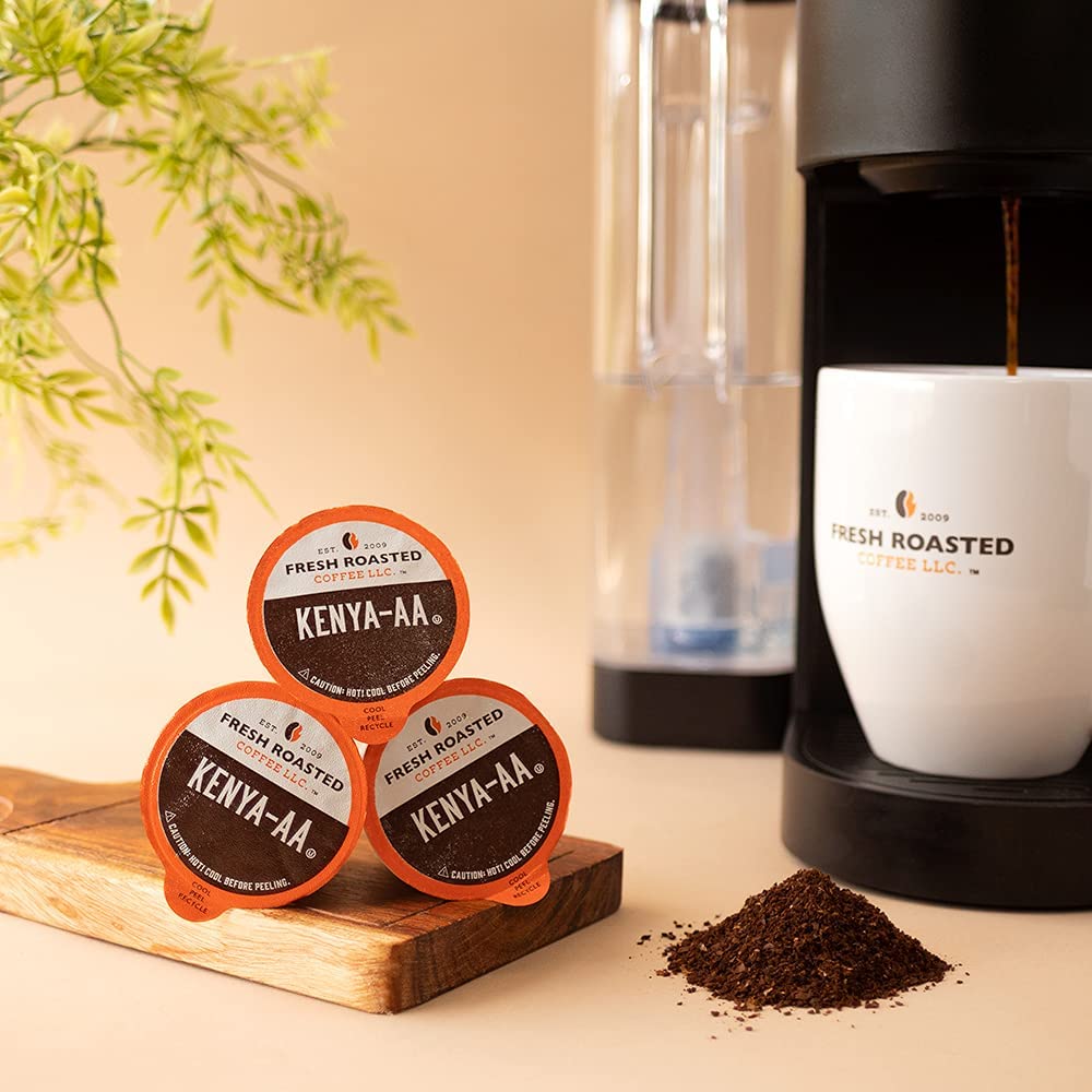 Fresh Roasted Coffee Kenya AA nitrogen-flushed pod bag preserves fresh flavor for longer.