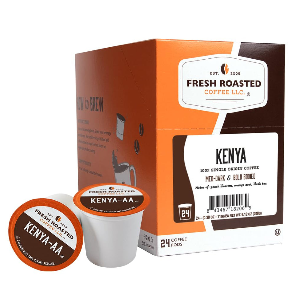 Fresh Roasted Coffee Kenya AA pods ready for quick K-Cup brewing