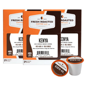Fresh Roasted Coffee Kenya AA pods packaging with BPA-free cup for easy K-Cup brewing.