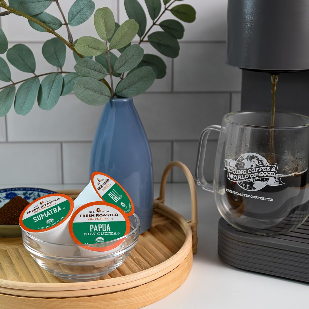 Fresh Roasted Coffee Keurig compatibility close-up indicating simple brewing with K-Cup systems.