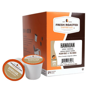 Fresh Roasted Coffee Kona pod packaging shows 100% Kona purity and direct trade origin.