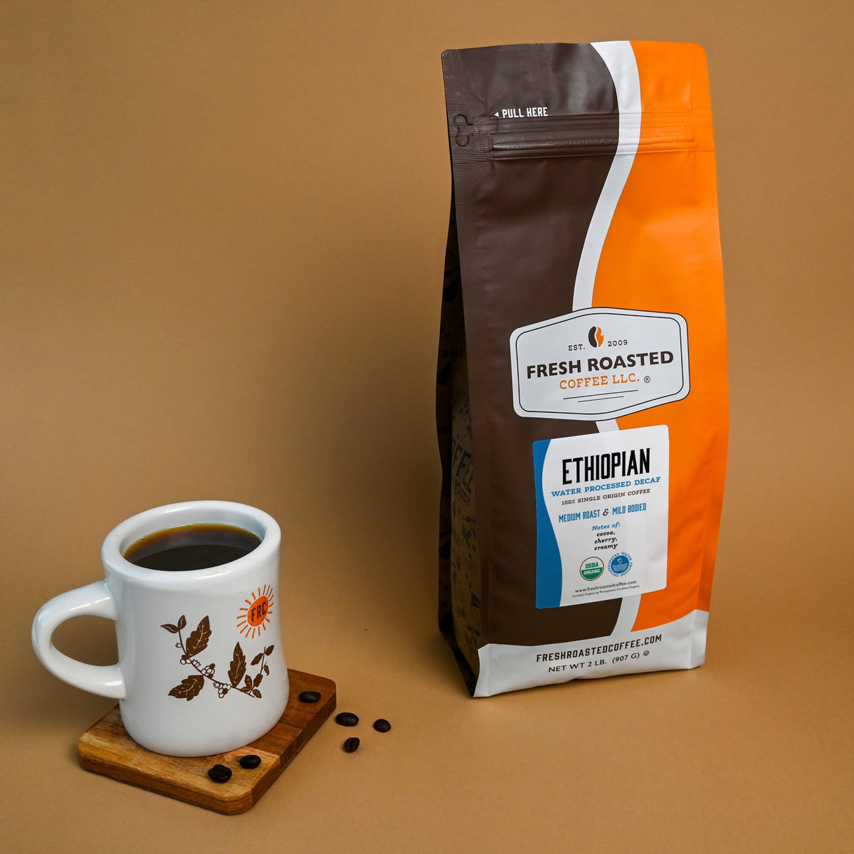 Fresh Roasted Coffee kosher label emphasizes OU certification for mindful dietary choices.