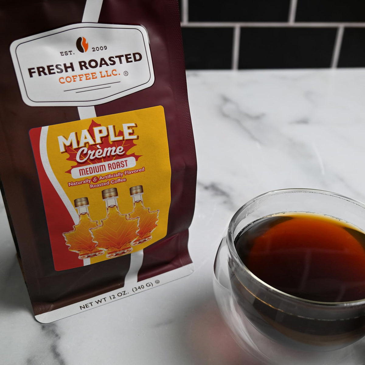 Fresh Roasted Coffee Maple Crème ground coffee, convenient for quick brews.