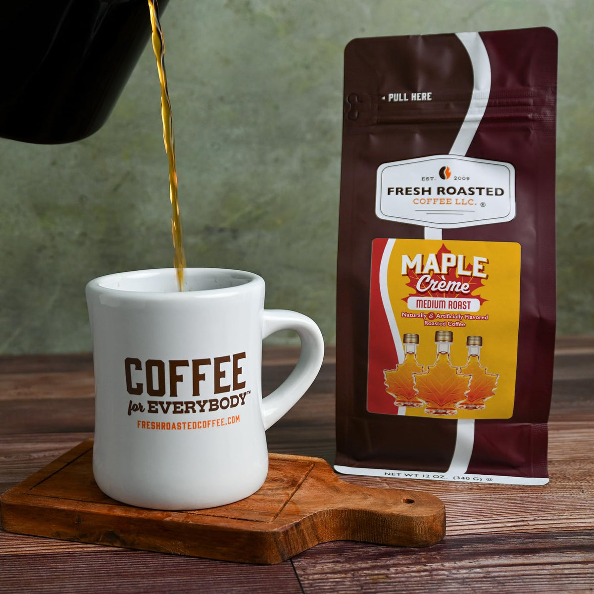 Fresh Roasted Coffee Maple Crème nitrogen-flushed bag preserves peak freshness.