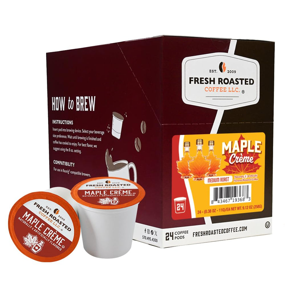 Fresh Roasted Coffee Maple Creme Pod packaging for convenient mornings.
