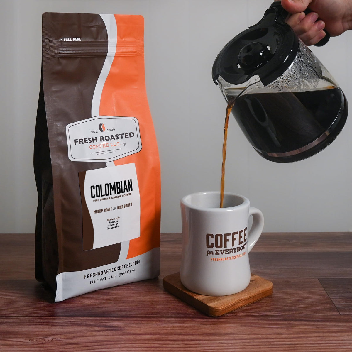 Fresh Roasted Coffee medium roast aroma enhances morning brewing.
