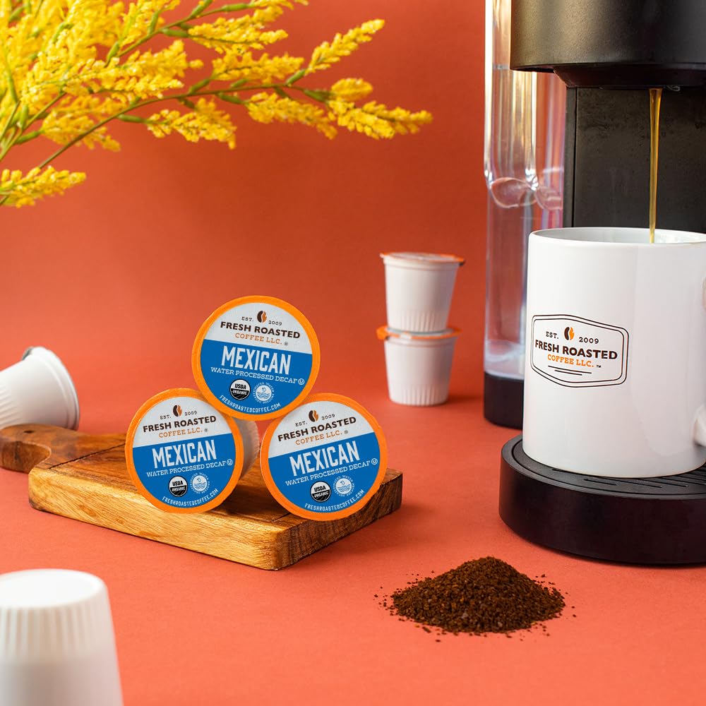 Fresh Roasted Coffee Mexican origin beans image emphasizes 100% single origin quality.