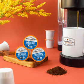Fresh Roasted Coffee Mexican origin beans image emphasizes 100% single origin quality.
