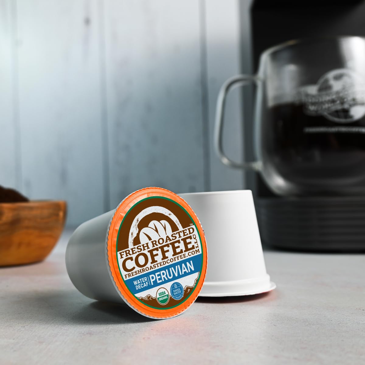 Fresh Roasted Coffee Mexican Swiss Water decaf pods — mild, sweet, clean.