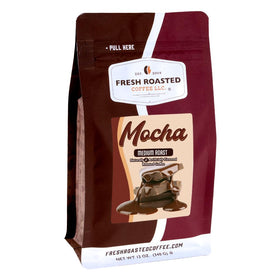 Fresh Roasted Coffee mocha-flavored coffee bag highlights premium freshness for mornings.