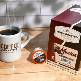 Fresh Roasted Coffee Mocha pods box display for easy shopping.
