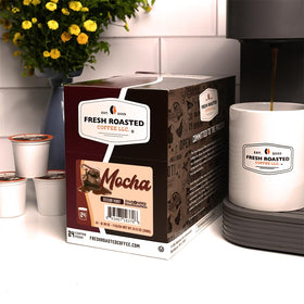 Fresh Roasted Coffee Mocha pods closeup label showing flavor and freshness.
