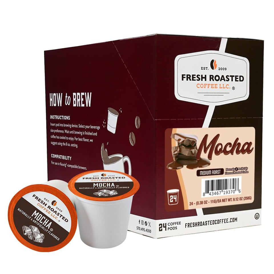 Fresh Roasted Coffee Mocha pods on pack shot with rich aroma and convenience.