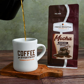 Fresh Roasted Coffee steam aroma mug evokes inviting fragrance during coffee time.