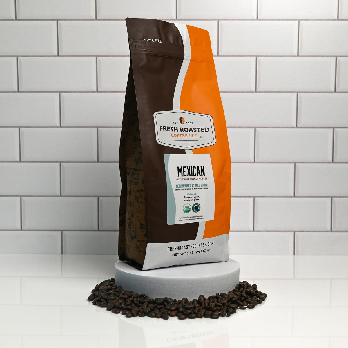 Fresh Roasted Coffee mold-testing label confirms third-party safety screening.
