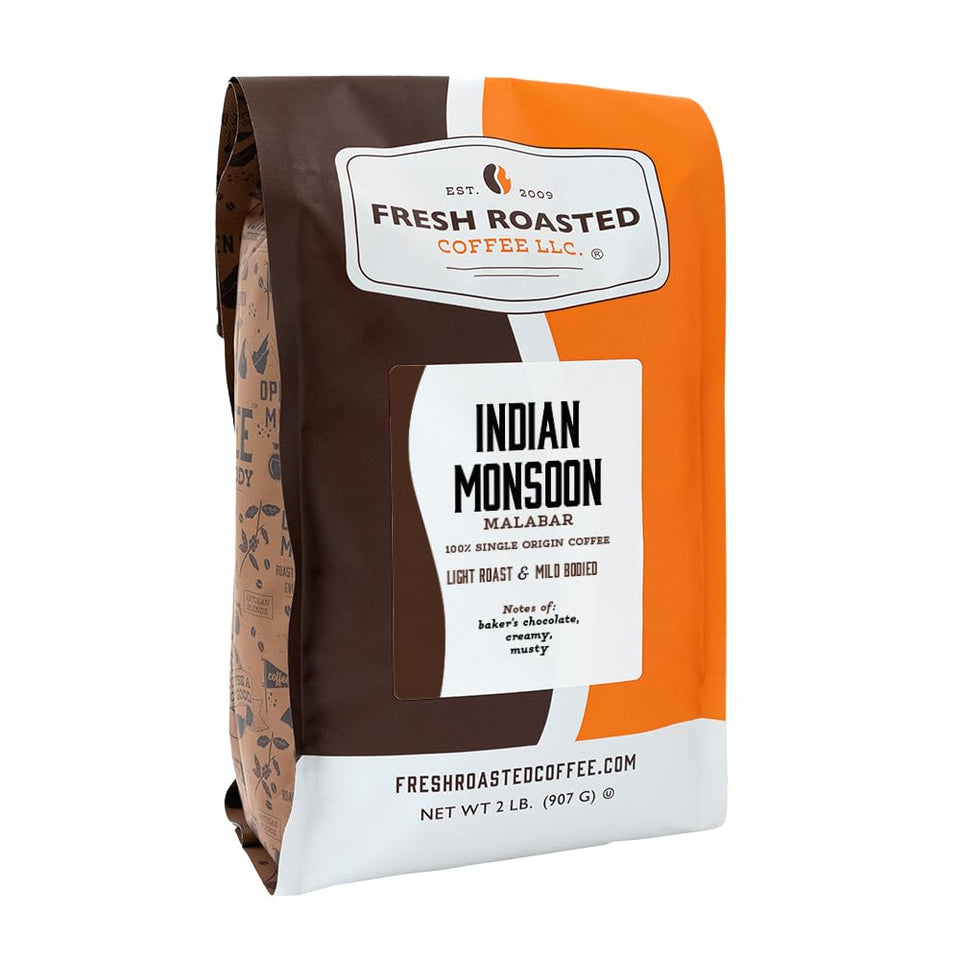 Fresh Roasted Coffee monsoon-malabar whole beans in 2 lb packaging for daily filter brews.