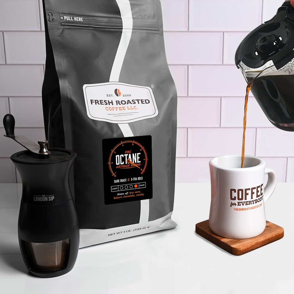 Fresh Roasted Coffee Octane 5lb bag on shelf for convenient large purchase